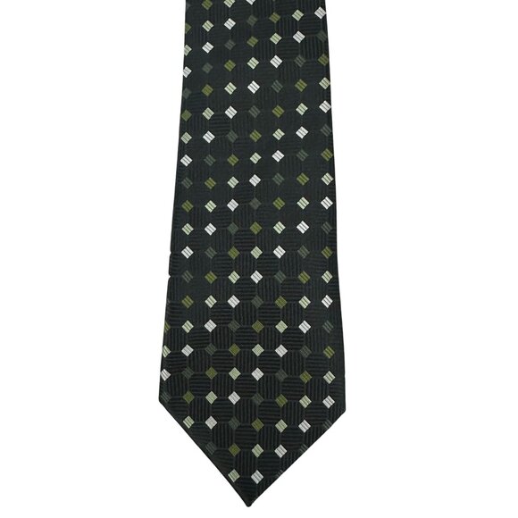 Van Heusen Geometric Diamond Pattern Neck Tie Handmade Polyester Green Black - Picture 2 of 5
